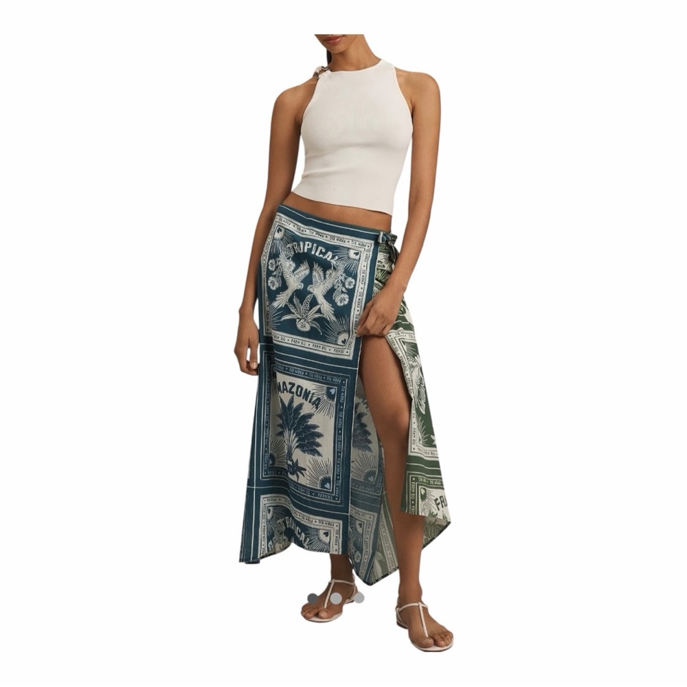Farm Rio for Anthropologie Cotton Wrap Skirt in Green and Blue